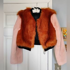 Unique Faux Fur Zipper Jacket in Pink & Rusty/Orange/Brown BRAND NEW - SIZE S